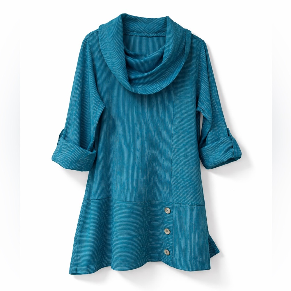 SOFT SURROUNDINGS Teal Pinstripes Cowl Neck Tunic Sz L Hidden Pockets
